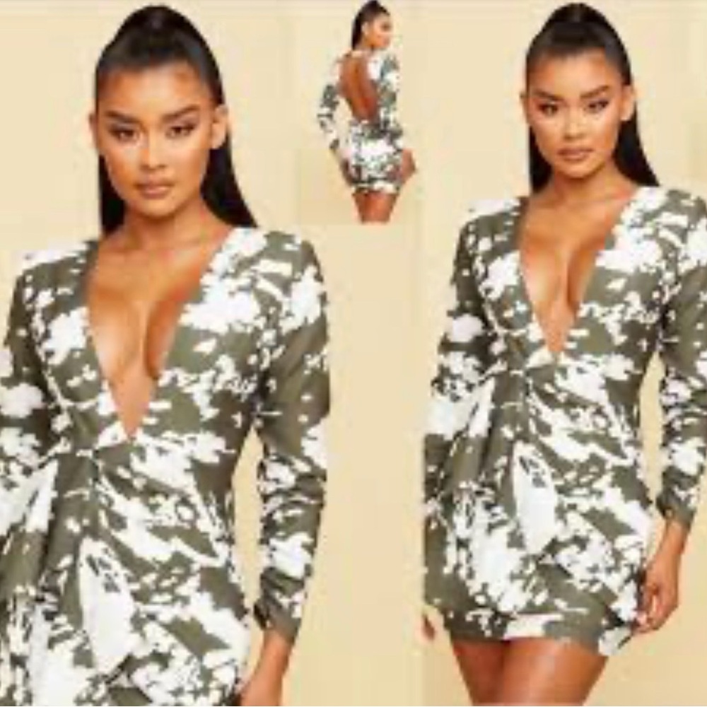 LUXXEL Olive Deep V Neck Floral Ruffled Long Sleeve Elegant Dress Size L